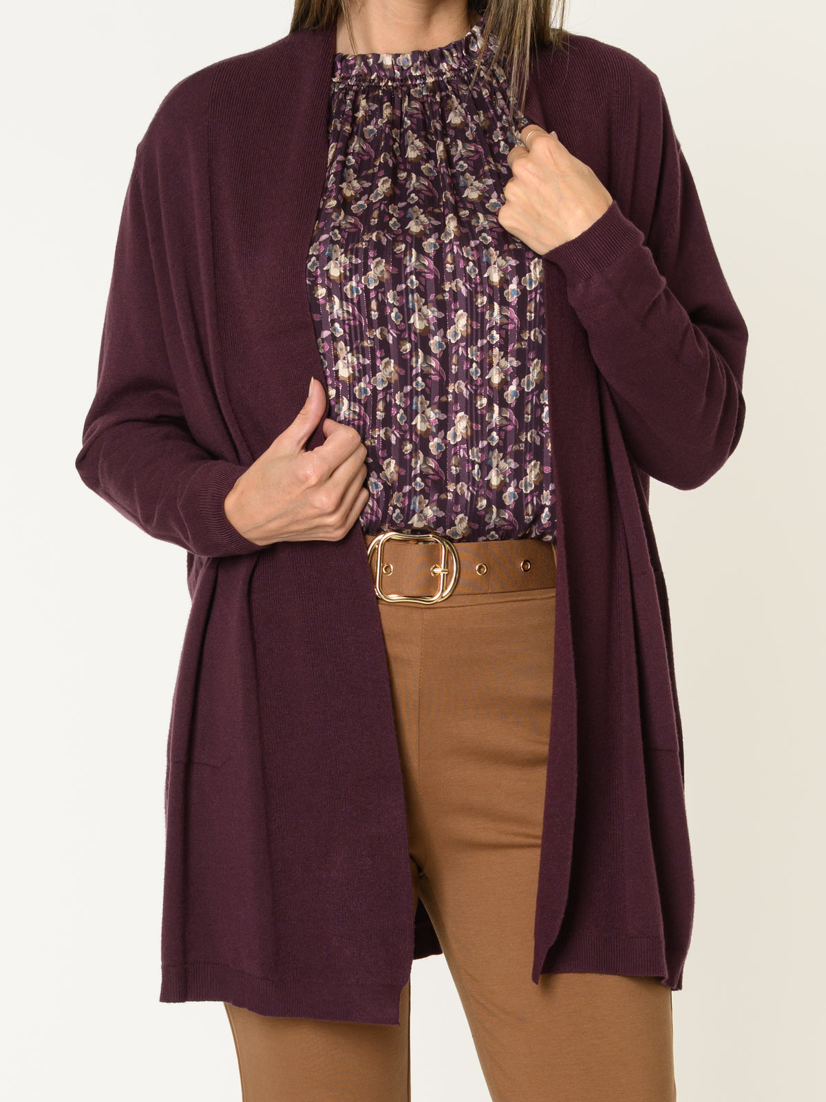 Blouse aubergine pour femme fleurie à manche longue