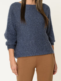 Chandail bleu ardoise pour femme duveteux à manche chauve-souris