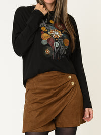 Chandail noir pour femme à manche longue imprimé floral