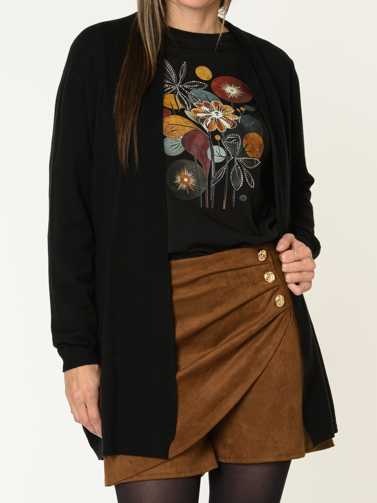 Chandail noir pour femme à manche longue imprimé floral
