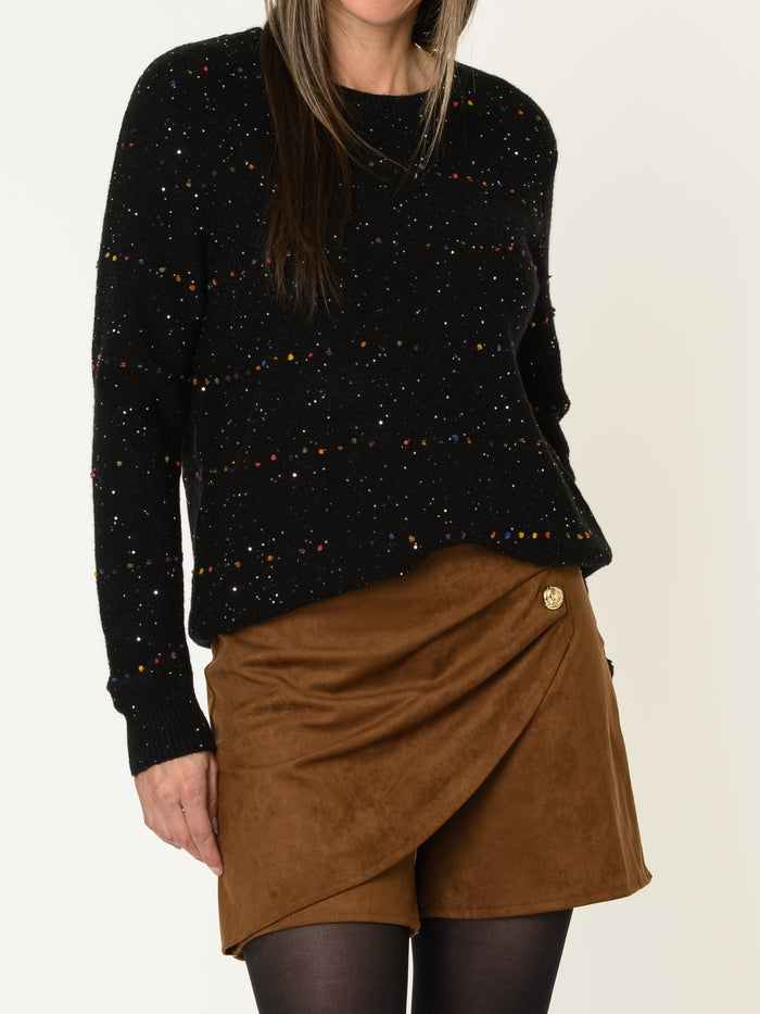 Chandail noir pour femme en tricot à pois multicolores