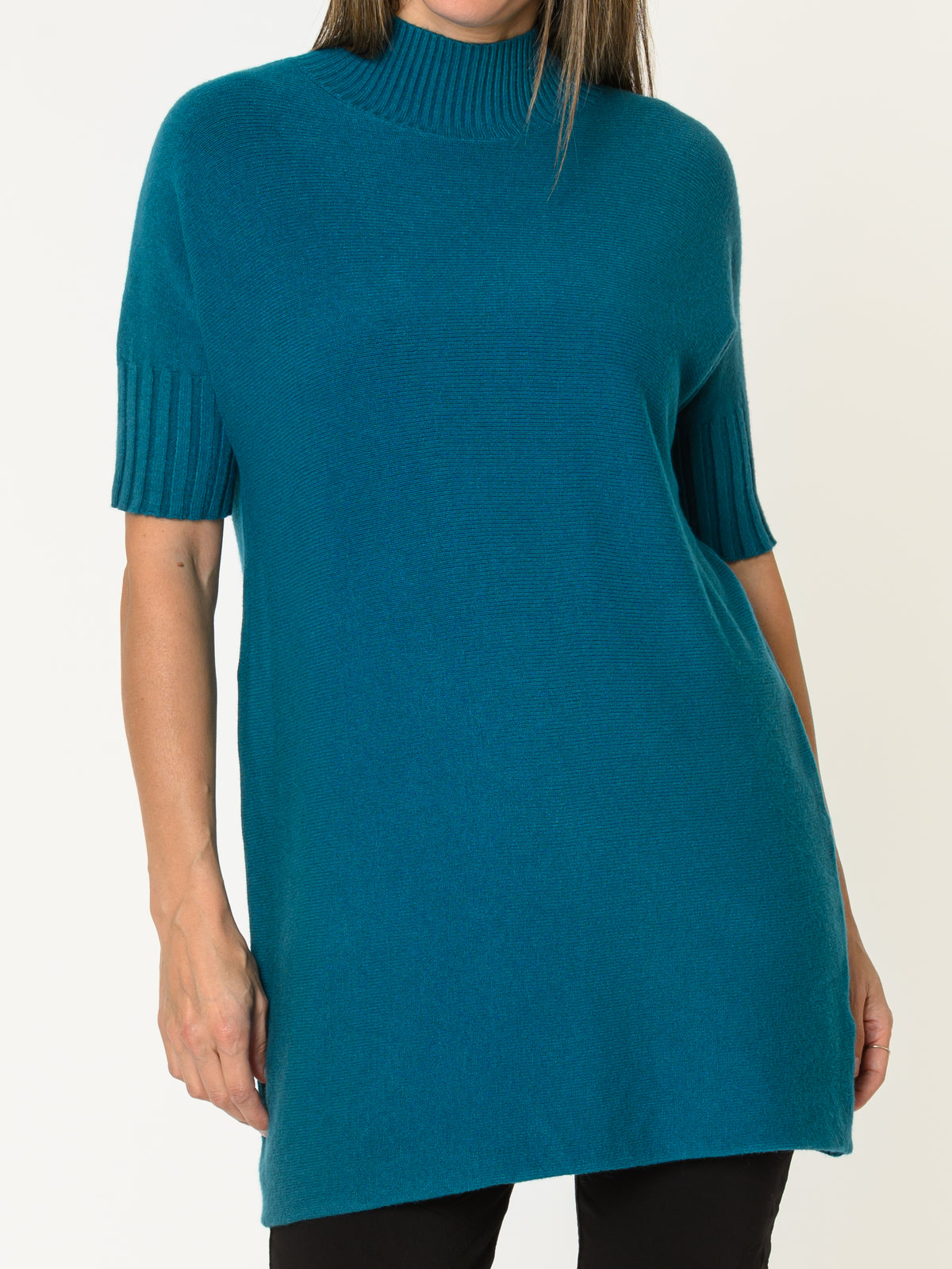 Robe courte pour femme sarcelle en tricot à col montant
