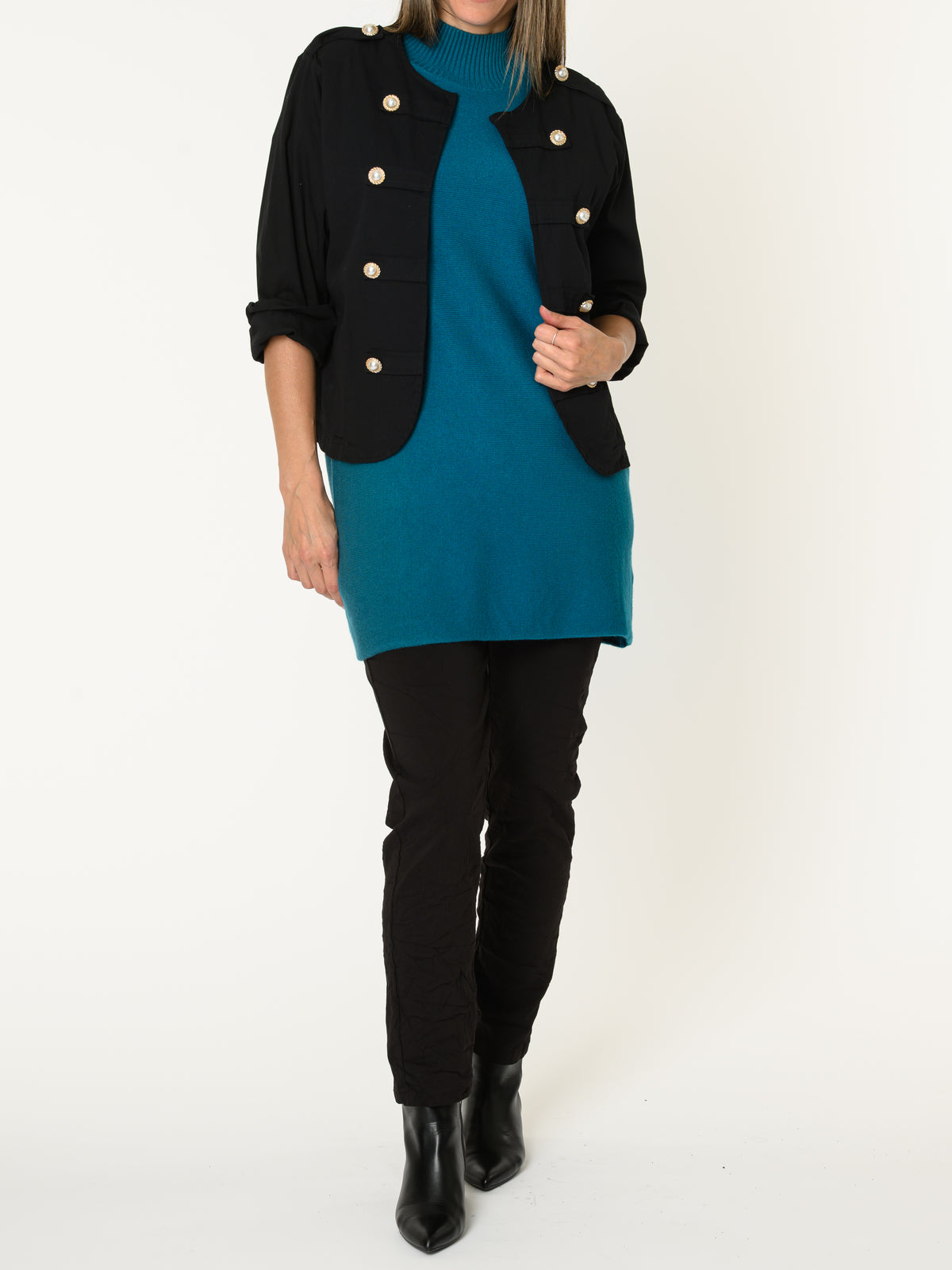 Robe courte pour femme sarcelle en tricot à col montant