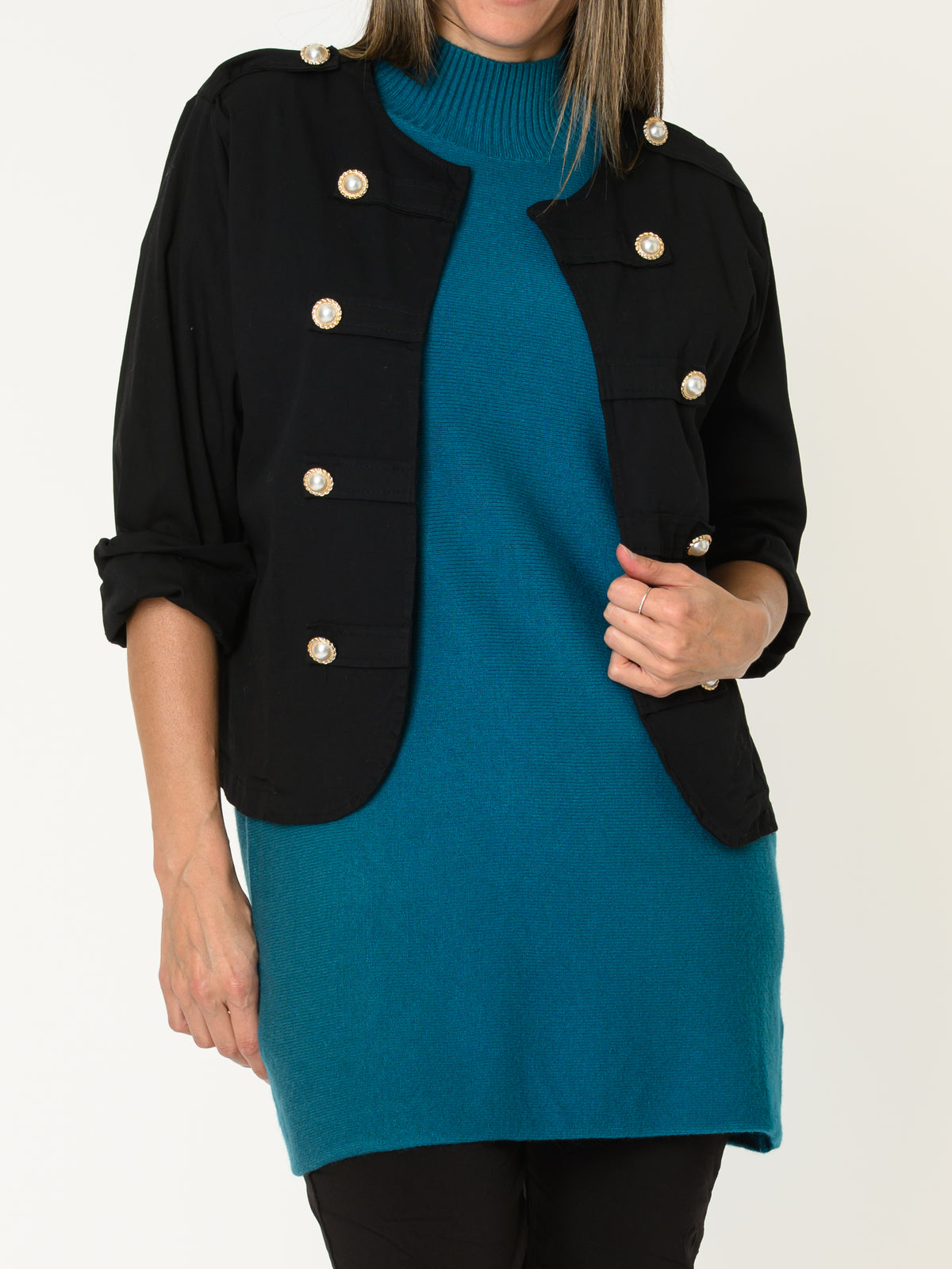Robe courte pour femme sarcelle en tricot à col montant