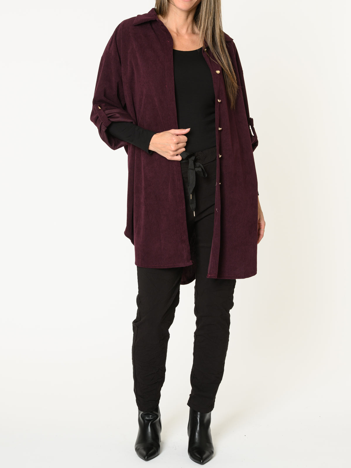 Chemise aubergine pour femme côtelée avec manche retroussable