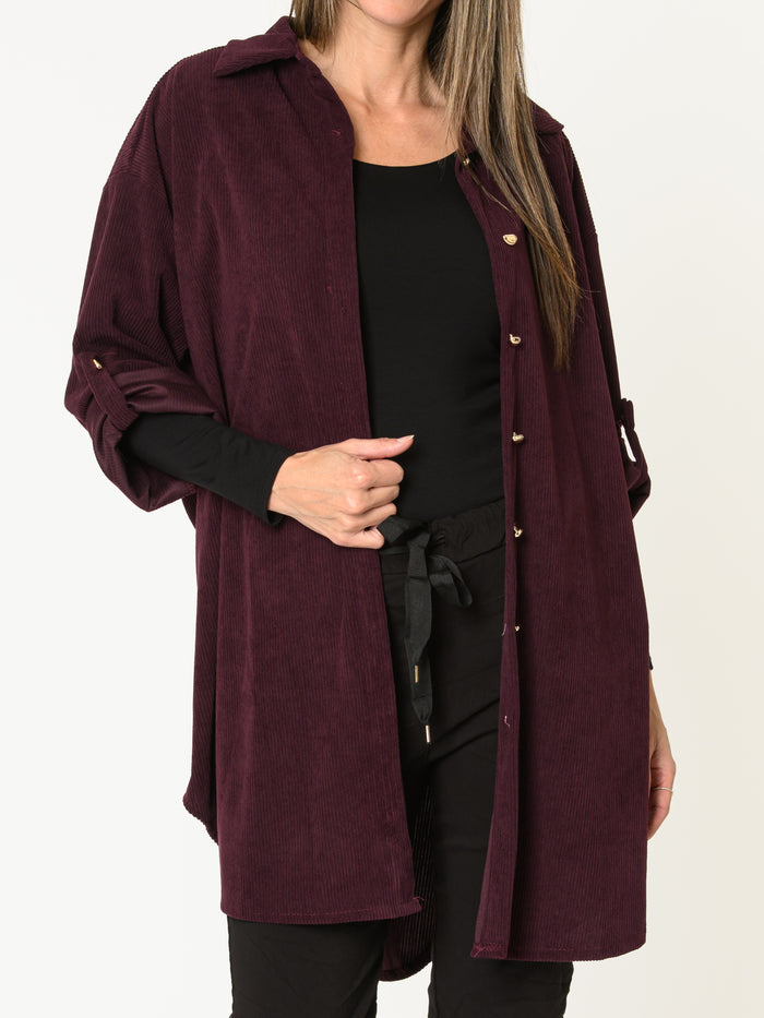 Chemise aubergine pour femme côtelée avec manche retroussable