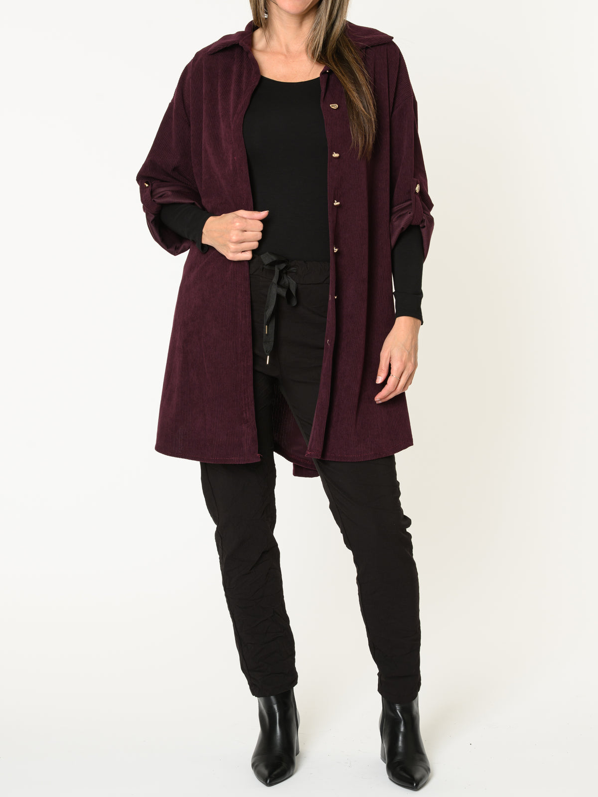 Chemise aubergine pour femme côtelée avec manche retroussable