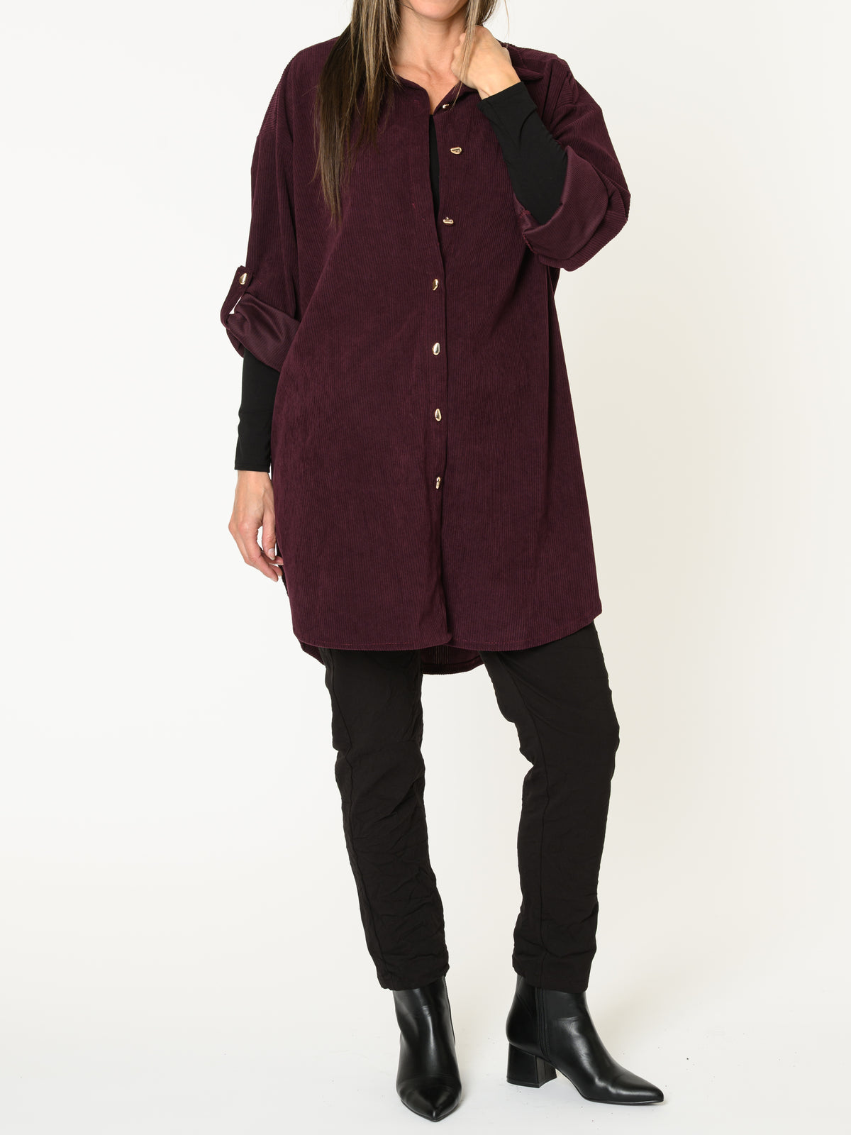 Chemise aubergine pour femme côtelée avec manche retroussable