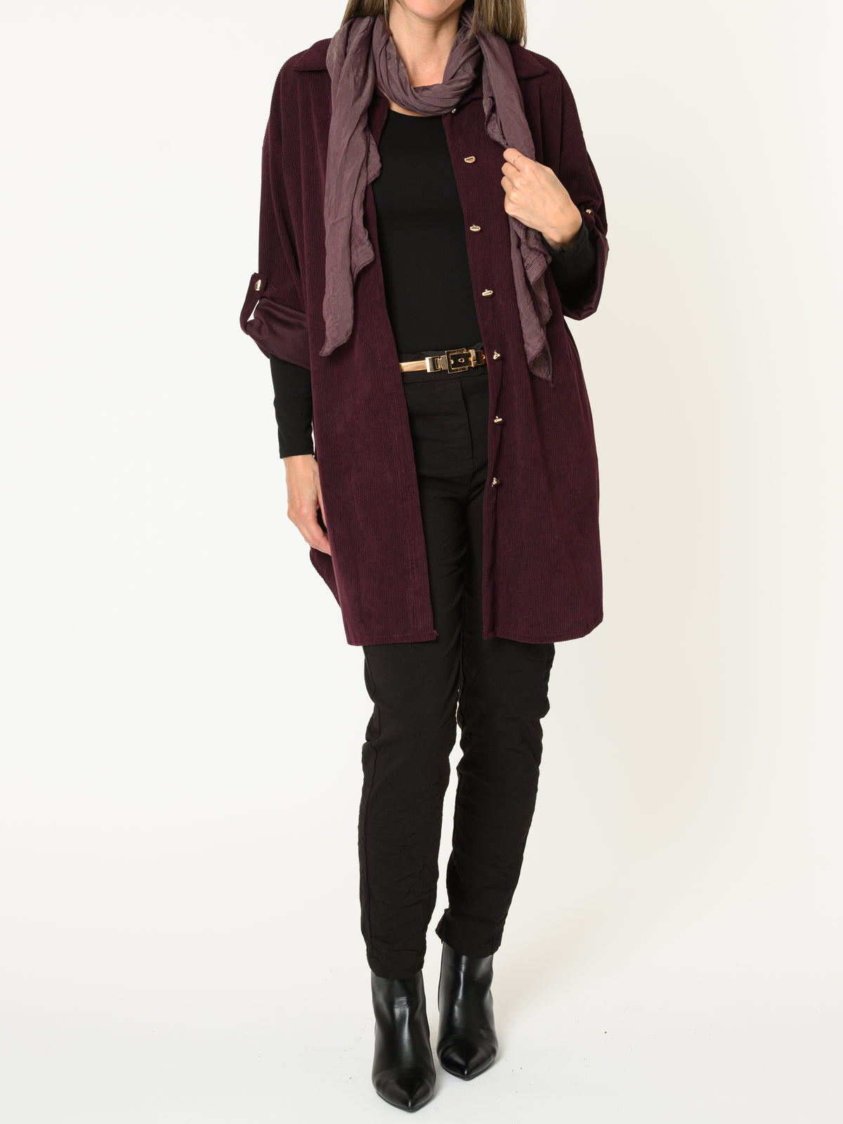 Chemise aubergine pour femme côtelée avec manche retroussable