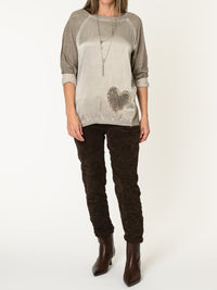 Chandail taupe pour femme en satin avec coeur et strass