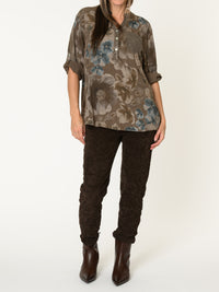 Blouse brune pour femme fleurie avec paillettes et poche