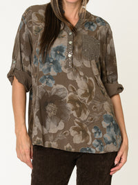 Blouse brune pour femme fleurie avec paillettes et poche