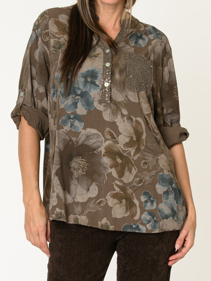 Blouse brune pour femme fleurie avec paillettes et poche