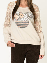 Chandail crème pour femme avec dentelle et motif Mickey