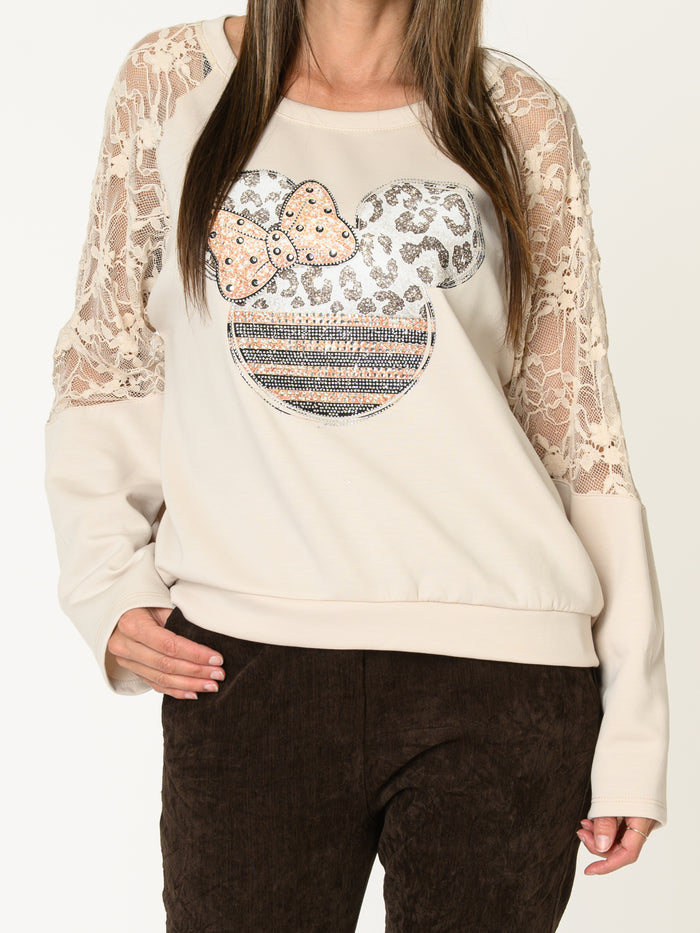 Chandail crème pour femme avec dentelle et motif Mickey