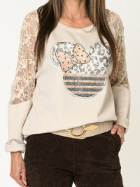 Chandail crème pour femme avec dentelle et motif Mickey