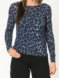 Chandail bleu pour femme à manche longue imprimé léopard