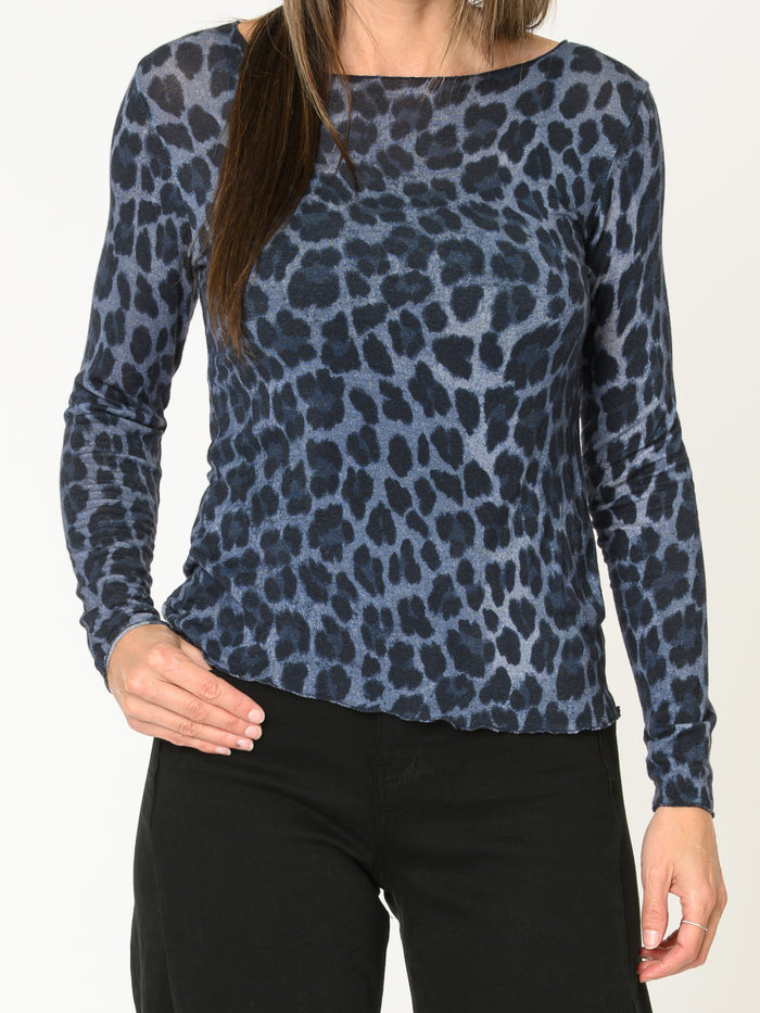 Chandail bleu pour femme à manche longue imprimé léopard