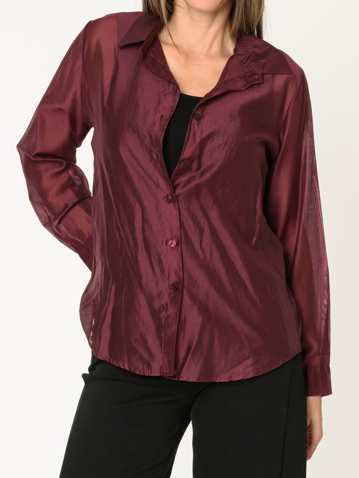Chemise bourgogne pour femme en satin symétrique