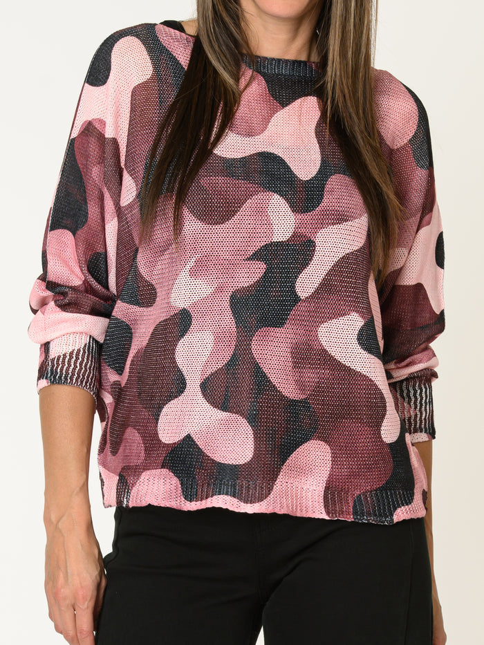 Chandail camouflage pour femme rose à manche chauve-souris