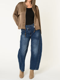 Veste bomber pour femme taupe en satin avec cordon