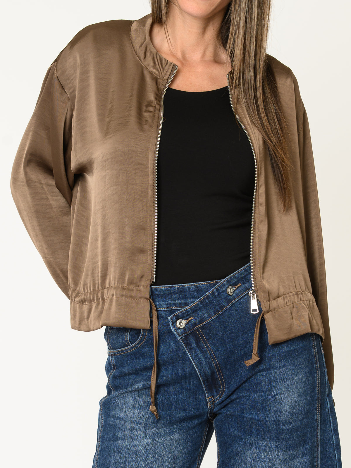 Veste bomber pour femme taupe en satin avec cordon