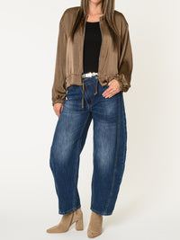 Veste bomber pour femme taupe en satin avec cordon