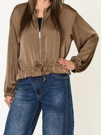 Veste bomber pour femme taupe en satin avec cordon