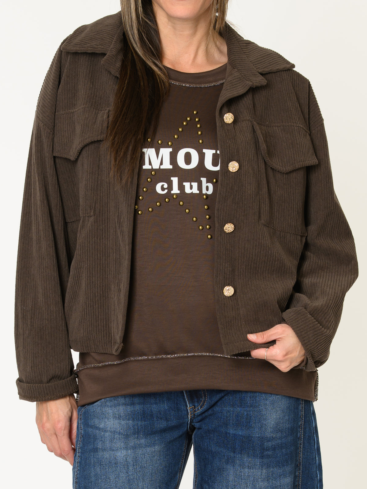 Chandail brun pour femme en molleton avec étoile dorée