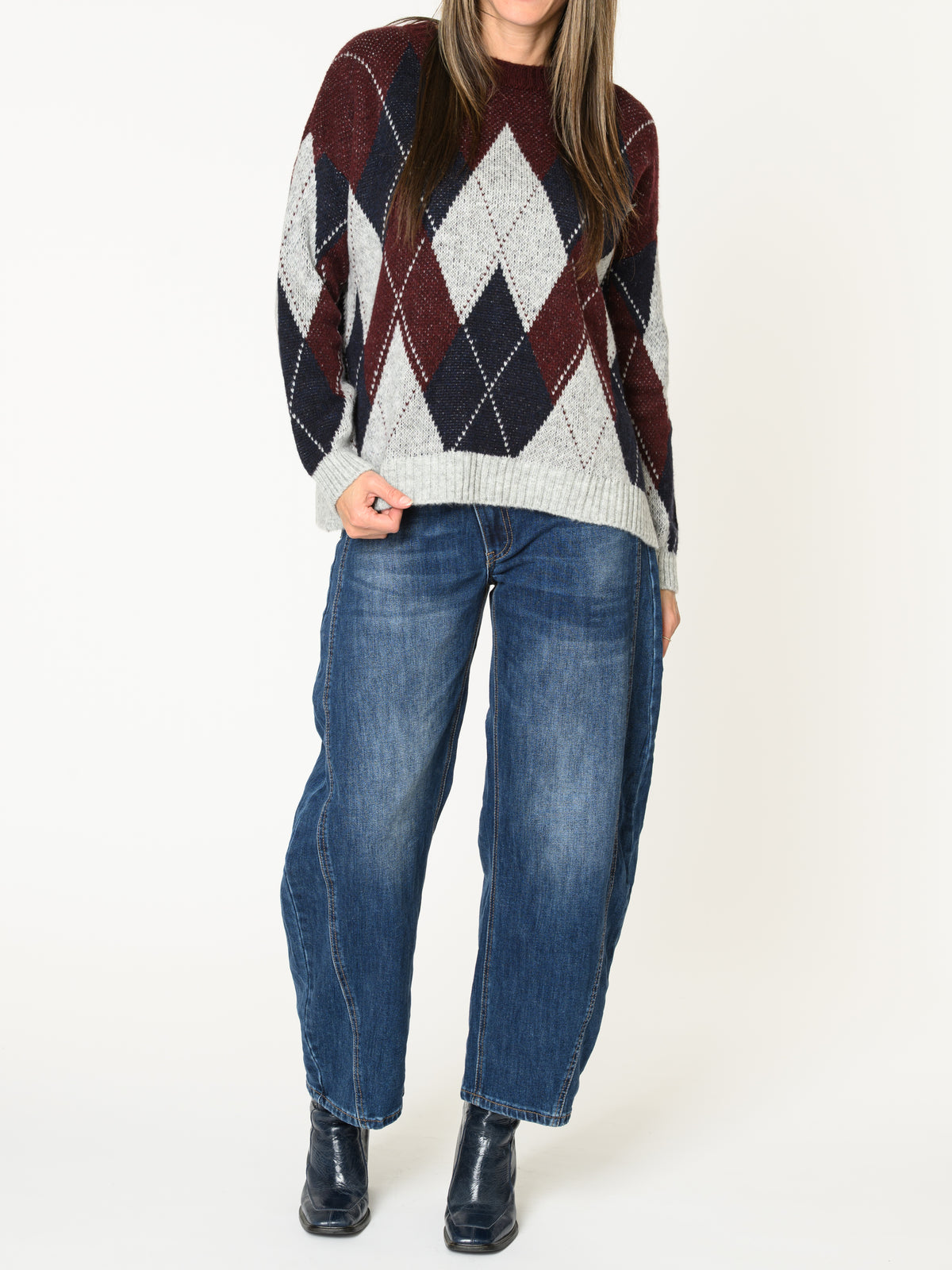 Chandail bourgogne pour femme à motif losanges en tricot
