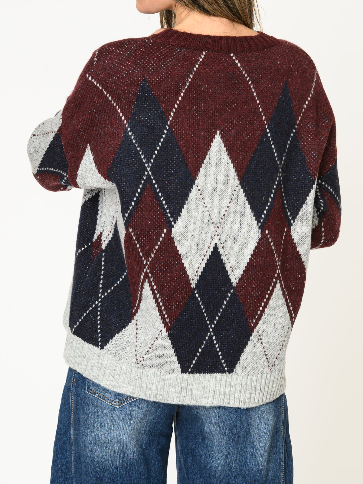 Chandail bourgogne pour femme à motif losanges en tricot