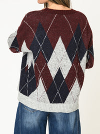 Chandail bourgogne pour femme à motif losanges en tricot