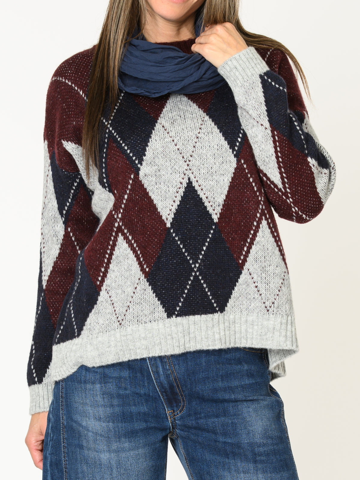 Chandail bourgogne pour femme à motif losanges en tricot