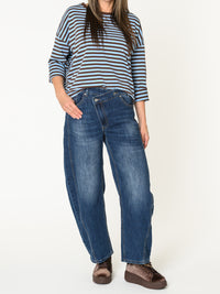 Chandail rayé pour femme bleu ciel et brun à manche longue