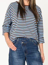 Chandail rayé pour femme bleu ciel et brun à manche longue