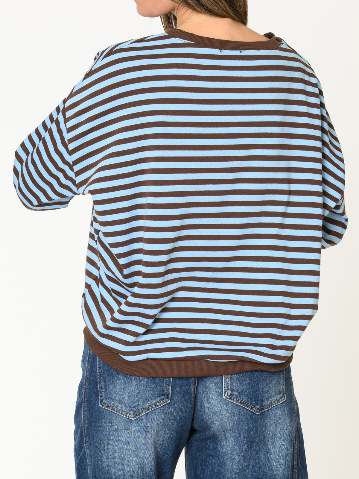 Chandail rayé pour femme bleu ciel et brun à manche longue