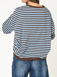 Chandail rayé pour femme bleu ciel et brun à manche longue