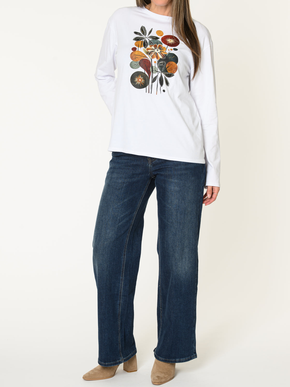Chandail blanc pour femme à manche longue imprimé floral