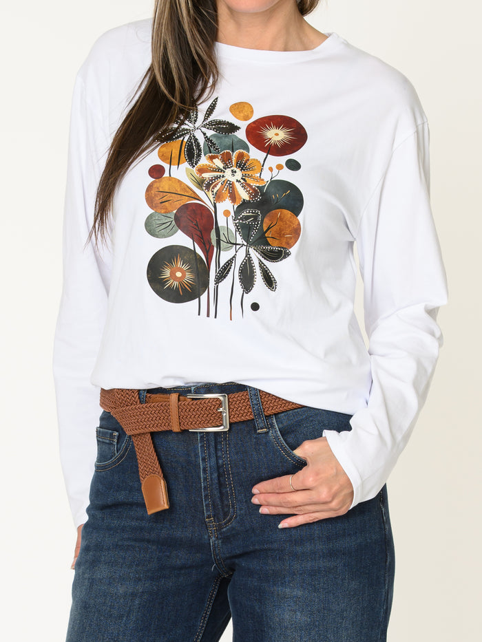 Chandail blanc pour femme à manche longue imprimé floral