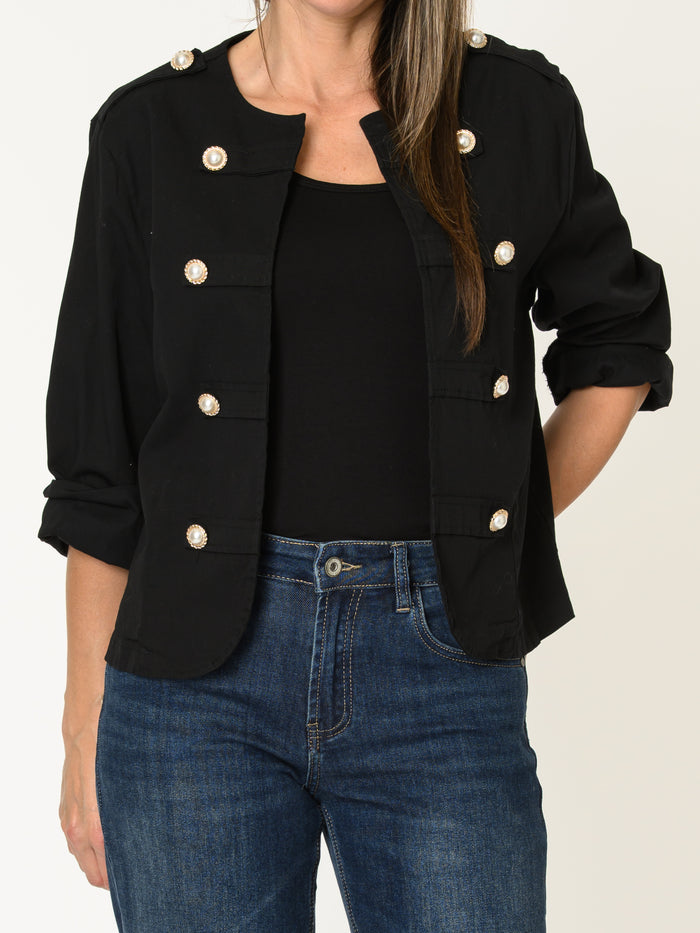 Veste noire pour femme structurée avec boutons perlés