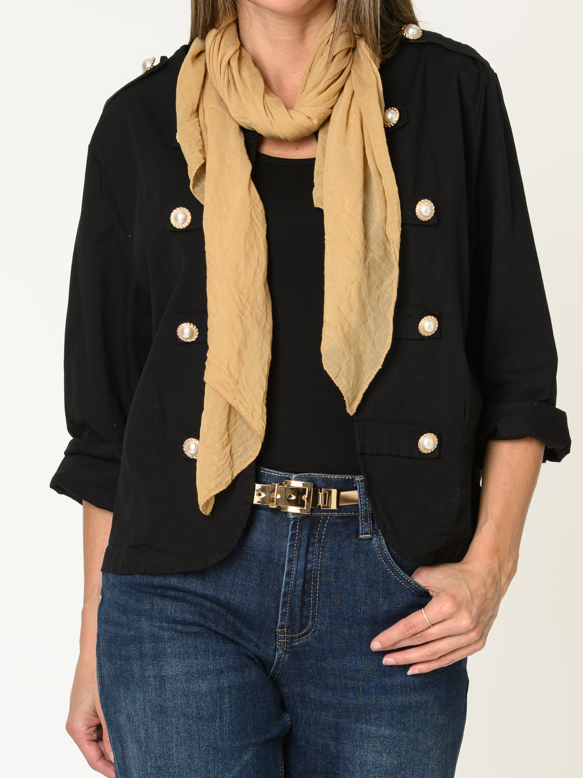 Veste noire pour femme structurée avec boutons perlés