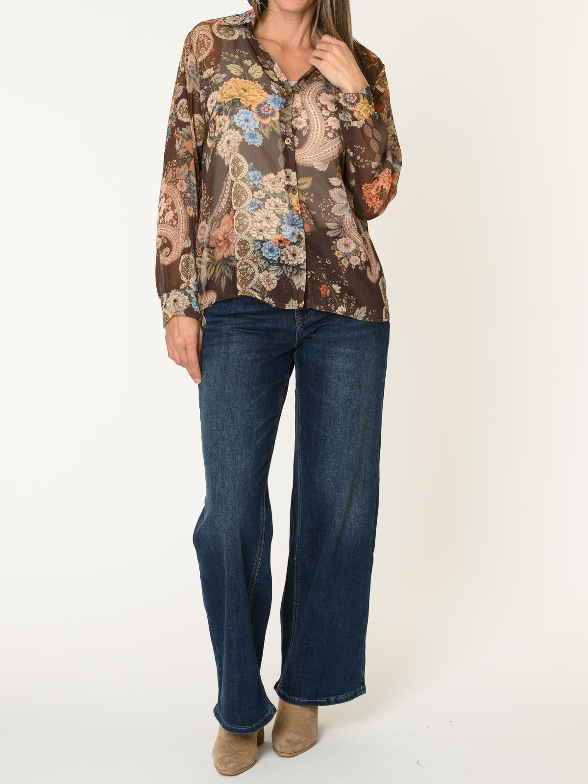Chemise brune pour femme en mousseline à imprimé paisley fleuri
