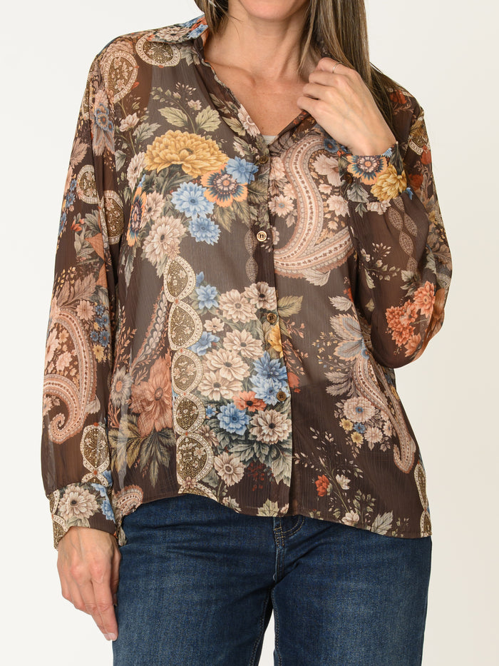 Chemise brune pour femme en mousseline à imprimé paisley fleuri