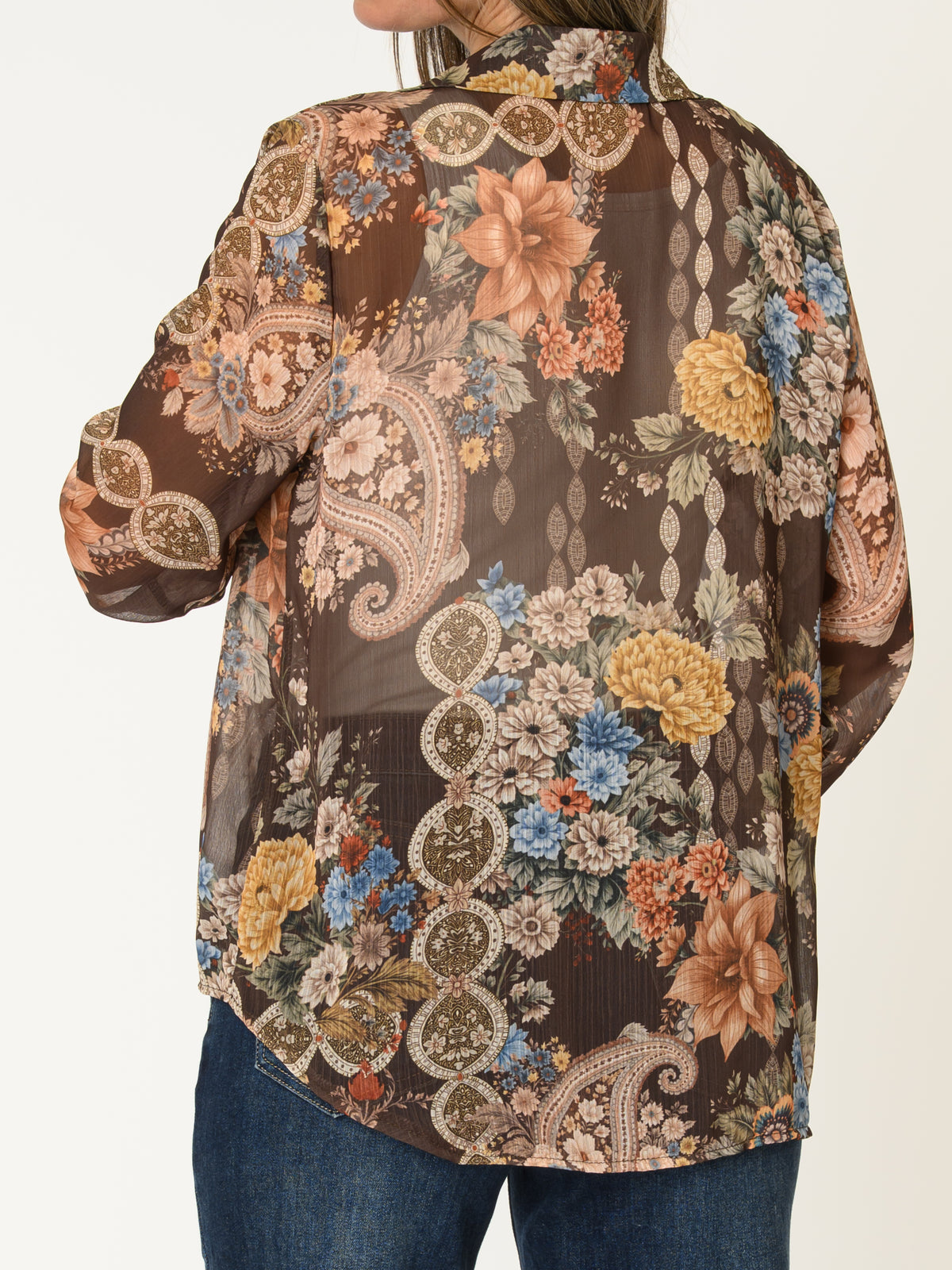 Chemise brune pour femme en mousseline à imprimé paisley fleuri