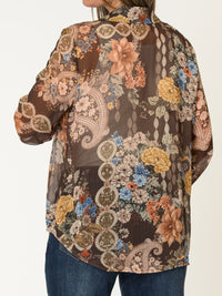 Chemise brune pour femme en mousseline à imprimé paisley fleuri