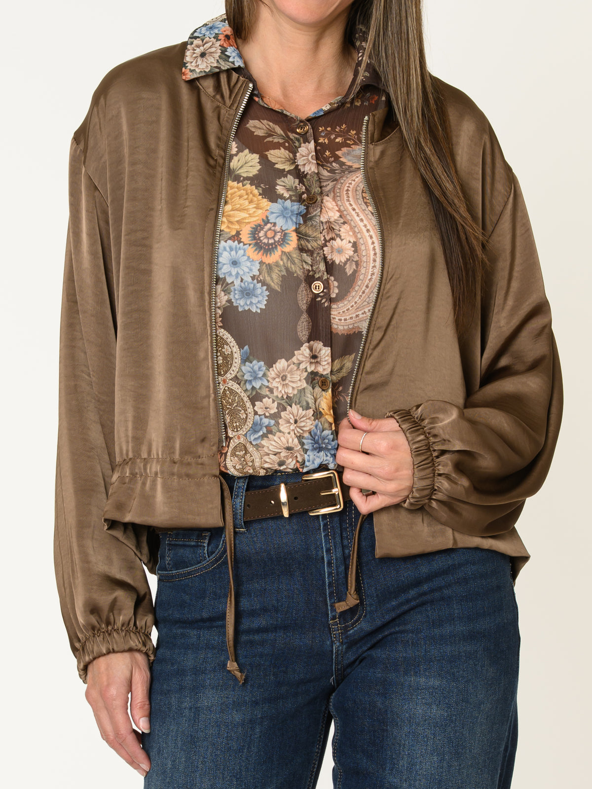 Chemise brune pour femme en mousseline à imprimé paisley fleuri