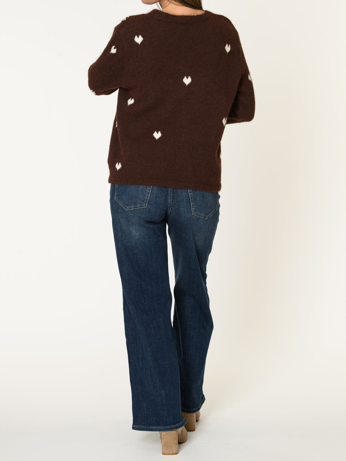 Cardigan brun pour femme à motif de coeurs blancs