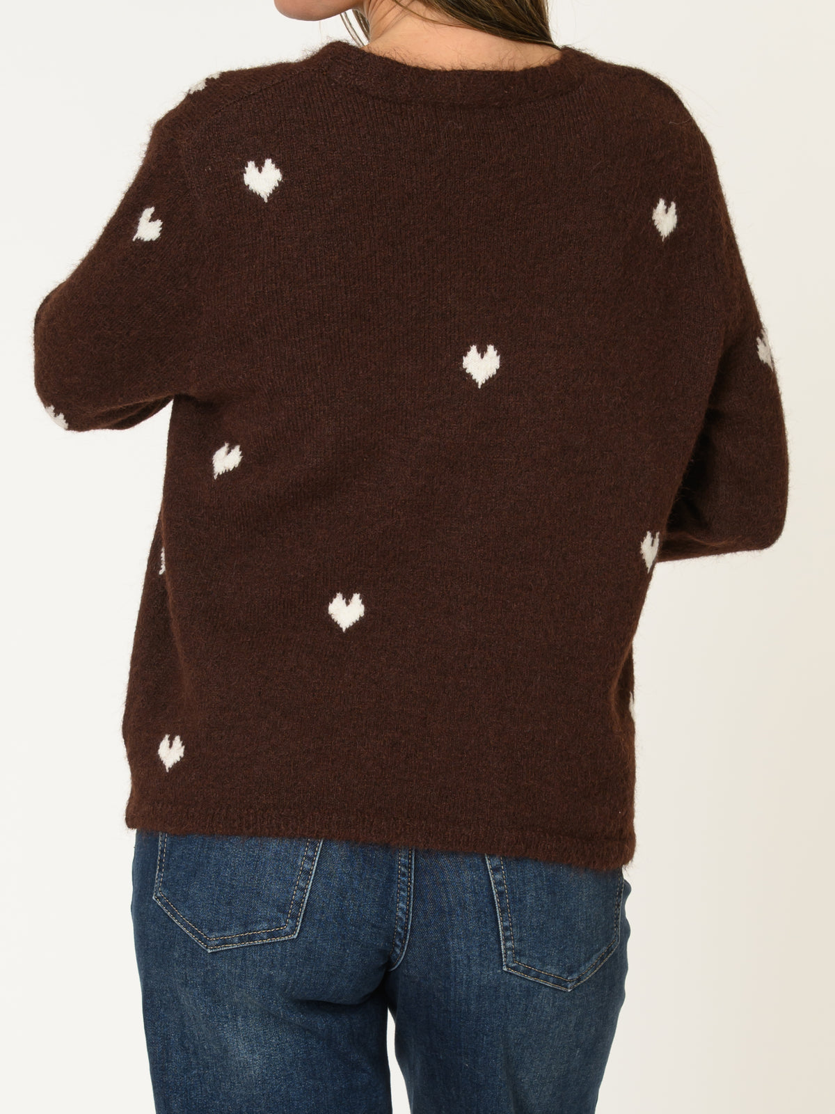 Cardigan brun pour femme à motif de coeurs blancs