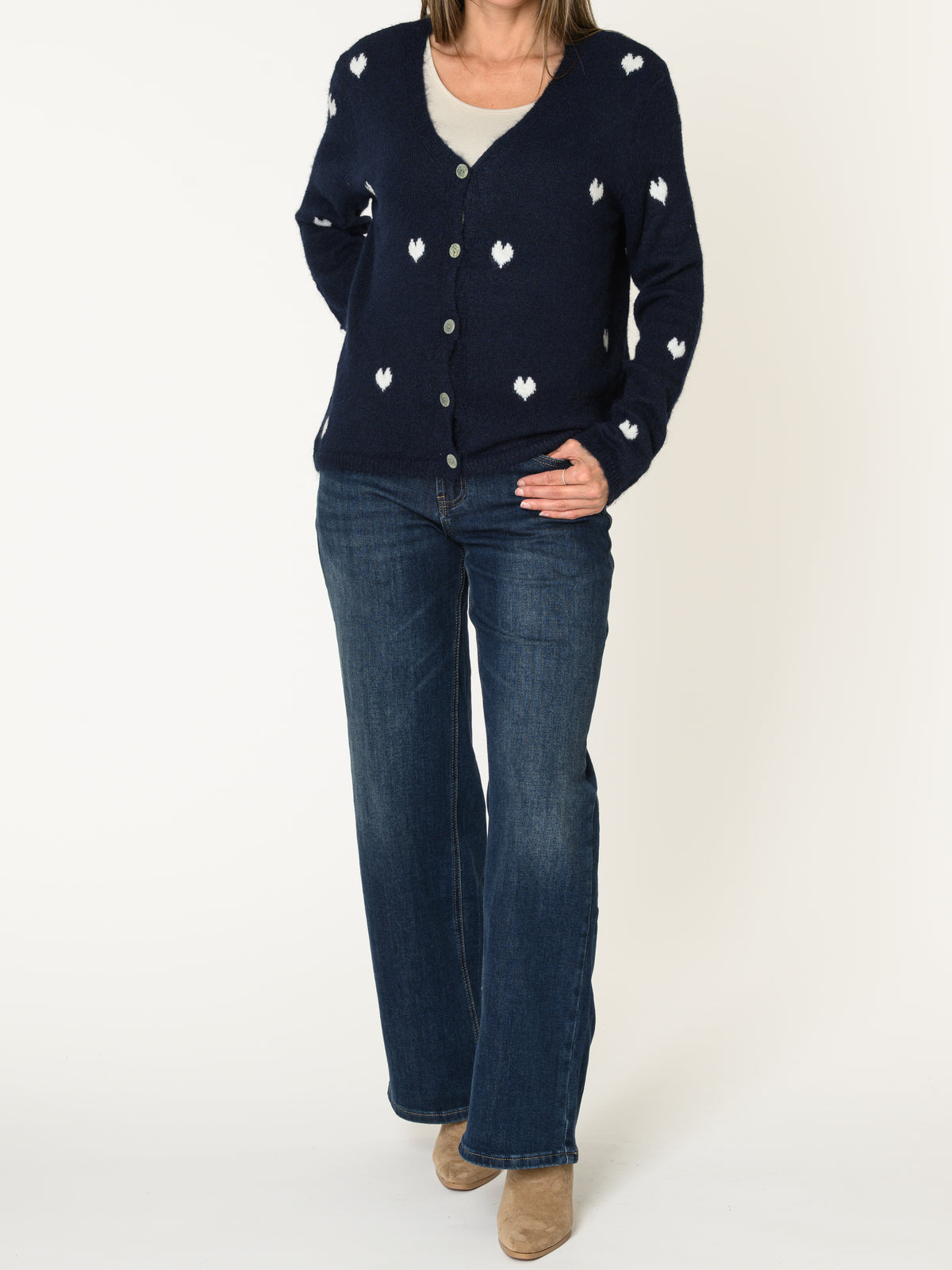 Cardigan marine pour femme à motif de coeurs blancs