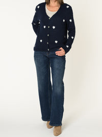 Cardigan marine pour femme à motif de coeurs blancs